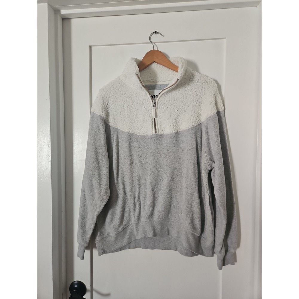 Aerie Women's Sherpa Fleece 1/4 Zip Pullover Sweatshirt Gray White XS Extra Smal